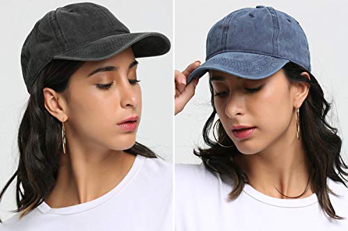 Womens Distressed Baseball Cap Plain Solid Color Adjustable Vintage Mens Sport Hat Unisex Versatile Washed Dad Hat (Black) #TOP5