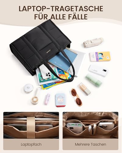 LOVEVOOK Handtasche Damen Groß, Puffer 17 Zoll Laptoptasche Shopper Tasche Arbeitstasche Aktentasche, Tote Bag Women Handbag Lehrertasche Schultasche Schultertasche für Uni Business Schule, Schwarz