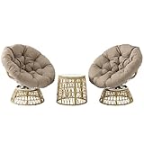 Outsunny Ensemble Salon de Jardin 3 pièces avec 2 fauteuils papasan pivotant et 1 Tables Basse Ronde 2 Grands Coussins fourni Polyester résine tressée Marron