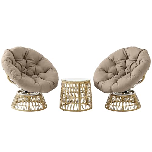 Outsunny Ensemble Salon de Jardin 3 pièces avec 2 fauteuils papasan pivotant et 1 Tables Basse...