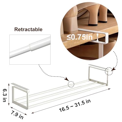 HGZBS Expandable Shoe Rack Organizer - Adjustable Shoe Rack & Under Cabinet Shelf - for Shoe or Clothing Storage and Organization, Under Shelf Storage (White,2 Pcs)