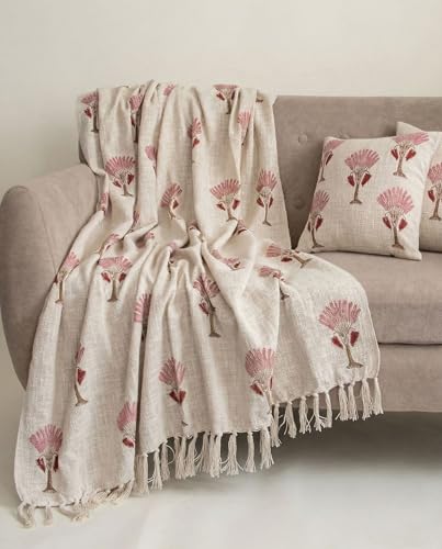 Image of 100% Cotton Sofa Throw Blanket with 2 pcs Cushion Covers Lightweight Decorative Couch & Bed Throw (Pack of 3, Floral Tree Print)