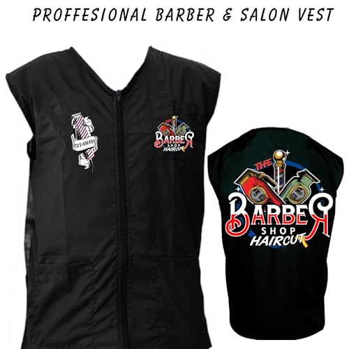 Professional Custom Barber Vest, Jacket, Smock, Black with Barber Tools Print3