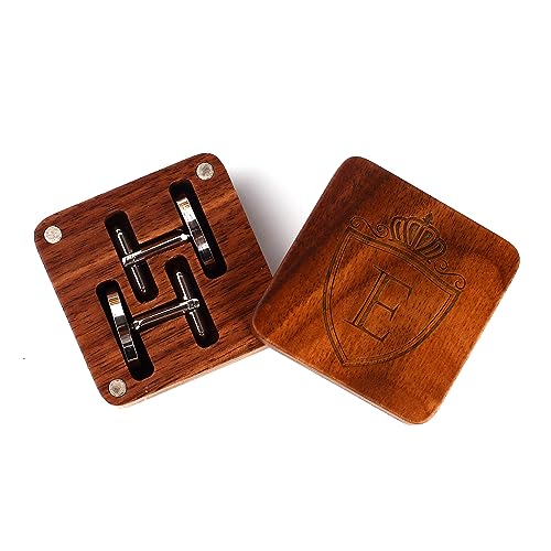 Image of Mens Initial Silver Cufflinks A-Z Alphabet Letter Steel Cuff Links with Engraved Walnut Wood Box Groom Groomsman Wedding Set