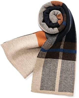 Villand Australian Merino Wool Tartan Knitted Scarf for Men, Plaid Winter Warm Thick Soft Neckwear with Gift Box, 12" W x 70" L (Camel Orange Tartan)