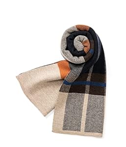 A close-up of a rolled-up plaid scarf in shades of brown, beige, and black on a white background.