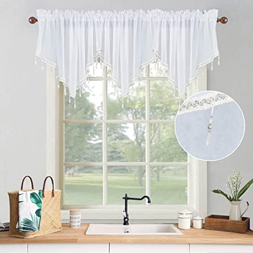 WUBODTI White Tulle Beaded Valance Curtains 3 Pieces Kitchen Cafe Rod Pocket Sheer Swag Window Valances Curtain with Beads Trim for Bedroom Bathroom Nursery Living Room, 51 x 24 Inch Length