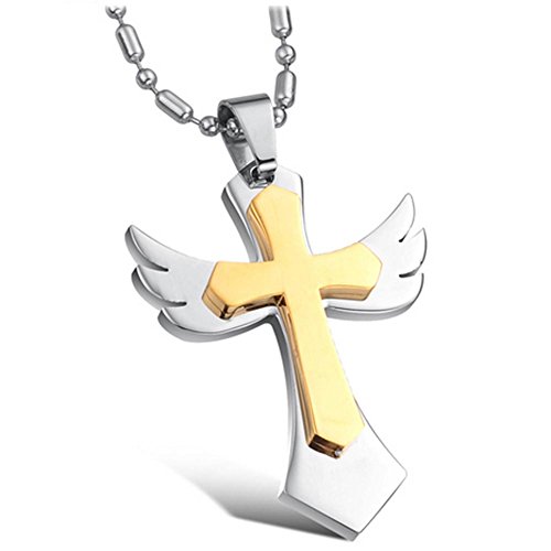 MoAndy Jewelry Titanium Stainless Steel 18K Gold Plated Men's Fashion Necklace Angel Wings Cross Pendant