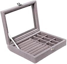 BKQPTL Jewellery Box Velvet Ring Organiser Box Velvet Clear Lid Jewelry Organizer, Ring Earring Bracelets Jewelry Storage Case, Portable Jewelry Box for Girls Women (Grey)