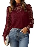 HOTOUCH Red Long Sleeve Shirt Women Sexy Lace Tops Sheer Long Sleeve Tops Mock Neck Spring Blouses 2025 Trendy Wedding Guest Outfit Dark Red XL
