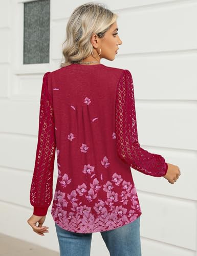 Micoson Womens Lace Long Sleeve Tops V Neck Pleated Blouses Dressy Casual Work Shirts4