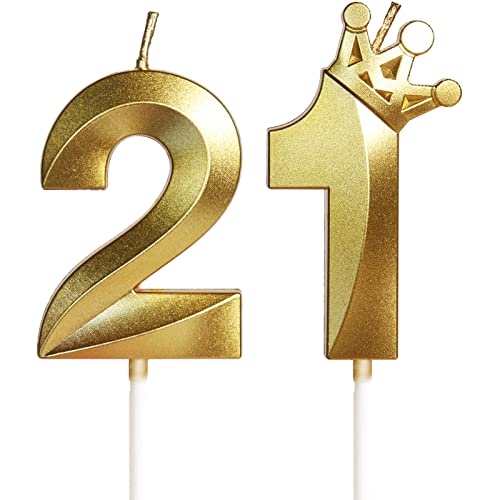 Gold 21st Birthday Candles with Crown Decor, 3D Number 21 Candle, 12th 21st Birthday Candle for Cake, Happy Birthday Candle, Cake Candles Cake Topper Decorations for Boys Girls Birthday Party Supplies
