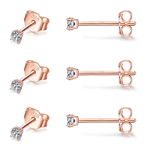Sterling Silver Stud Earrings for Women- 3 Pairs of 2mm Round CZ Cubic Zircon Earrings Set Tiny Small Cartilage Tragus Earrings, Rose Gold