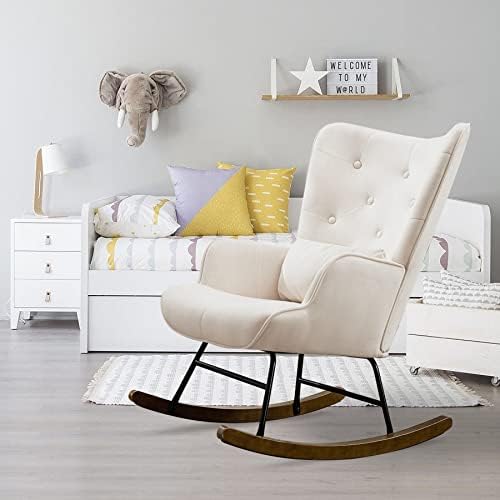 HomeMiYN Velvet Rocking Chair for Nursery Tufted Buttoned Reading Chair With Soft Lumbar and Wood Legs Recliner Relaxing Chair for Balcony Living Room Bedroom (Beige)