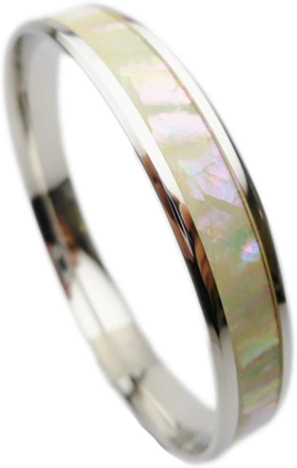 316L Stainless Steel Comfort Fit Natural White Abalone Paua Shell Inlay Hawaiian Flat Top Bangle Bracelet (Width: 6mm, 8mm, 10mm, 12mm) (Size: 7.5", 8", 8.5")