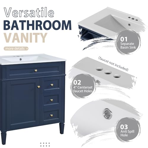 Linique 30\'\' Bathroom Vanity with Top Sink and Blue Mirror Cabinet,Modern Bathroom Storage Cabinet with 2 Drawers and a Tip-Out Drawer,Single Sink Vanity(Blue)