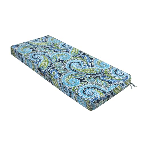 Magpie Fabrics Outdoor Bench Cushion 48 x 18 Inch, Waterproof Fade Resistant Patio Garden Loveseat Sofa Settee Couch Swing Pads with Carry Handle and Ties, Paisley Lapis Green