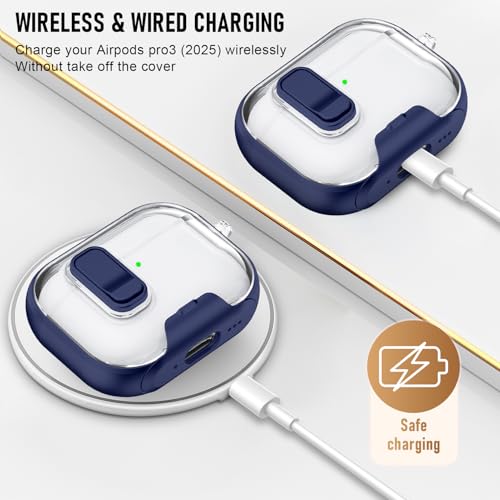 Image of Compatible Airpods Pro 3 Case (2025) with Phone Stand & Cleaner Kit,Print Soft Silicone Lock Clip Apple AirPods Pro 3rd Generation Case, Airpod Pro 3 Cover with Keychain for Women /Girls,Deep Blue