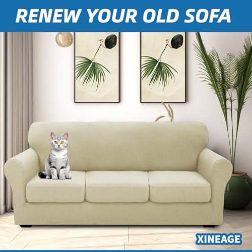 XINEAGE New 4 Pieces Couch Covers for 3 Cushion Couch Super Stretch Thick Soft Sofa Cover Anti Slip Sofa Slipcover Dogs Cats Furniture Protector (Light Beige, 71"-91")