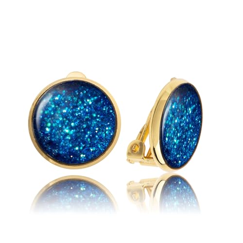 Orecchini a Clip - Orecchie Non Forate Piccolo Rotondo Confortevole Elegante; Gioielli per Donne (Stile 33 - Scintillante Blu Reale Oro)