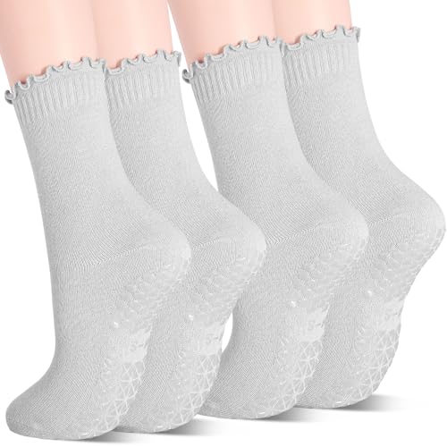 Image of Yoga Socks Non Slip Grips Anti Skid Women Athletic Socks Pilates Ballet Barre Crew Socks Ruffle Cuff 2 Pairs