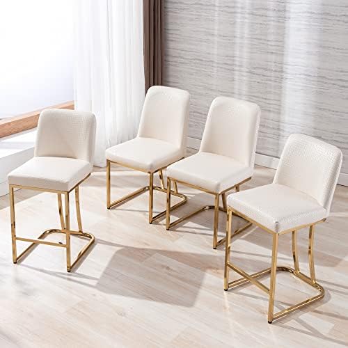 BESTANO Mid-Century Modern Counter Height Bar Stools with Gold Metal Base and Footrest, 24" Woven Faux Leather Upholstered Counter Stool Chairs for Kitchen Island Set of 4, Beige