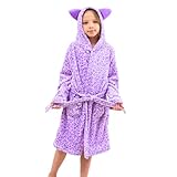 Piefry Katzen Bademantel für Mädchen Weiches Fleece Morgenmäntel mit Kapuze und Katzenohren (Leopard Lila, 10-11 Jahre)