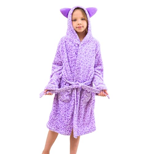 Piefry Katzen Bademantel für Mädchen Weiches Fleece Morgenmäntel mit Kapuze und Katzenohren (Leopard Lila, 10-11 Jahre)