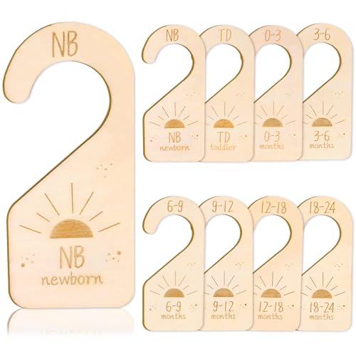 Image of Whaline 8Pcs Baby Closet Size Dividers Wooden Baby Wardrobe Hanger Organizer Boho Sun Design Hanging Wooden Newborn to 24 Months for Home Nursery Baby Clothes Decor