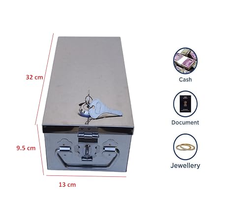 Image of Stainless Steel Bank Locker Box, Cash Drawer, Jewellery Storage Container Cash Box Size - 12 Inch (L-31cm, W-13cm, H-9.5cm)(With Pre fited Lock & 2 Key)