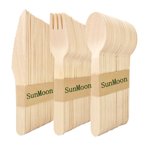 150 Pack Wegwerf-hölzernes Besteck-Set, umweltfreundliche 50 Löffel 50 Gabeln 50 Messer, Plastikfreie Verpackung, Ersatz für Kunststoff und Bambus Besteck, Wegwerfbesteck für Parteien, Reisen