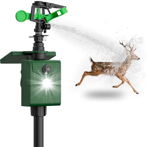Motion Activated Animal Repeller with Water Sprinkler Deer Repellent Devices Solar Powered IP65 Waterproof Cat Repellent Outdoor with Flashing Light Deter Deer Foxes Skunks Raccoons from Garden