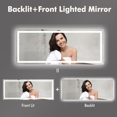 Image of GarveeHome 60x24 LED Bathroom Mirror with Lights, Backlit + Front Lit, Dimmable, Anti-Fog, Lighted Bathroom Vanity Mirror for Wall, Memory Function, Shatter-Proof (Horizontal /Vertical)