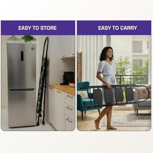 Image of Wakefit Premium 3 Step Foldable Ladder | Strong Alloy Steel | Wide Anti-Skid Steps | Supports Up to 150 kg | Rust Resistant | Heavy Duty Portable Ladder - Ascenta Black