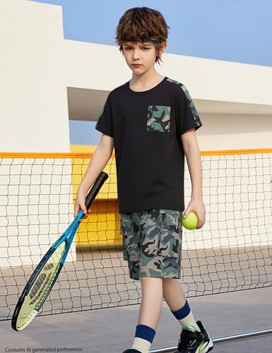 Image of mksodopy Boys Summer Outfit Set 2 Piece T Shirt and Camo Shorts Casual Clothes for Little Big Boys 5-16