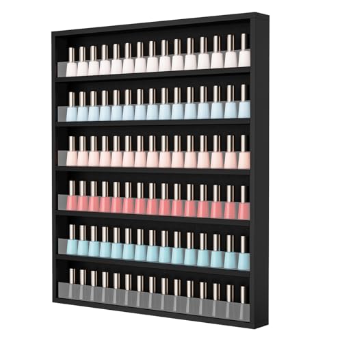 OmySalon Nail Polish Organizer Wall Mount - Holds 120+ Bottles with Acrylic Barrier, Salon Display Rack for Home Spa & Nail Studio - Wooden Polish Storage (Black, 6-Tier (Fully Assembled))
