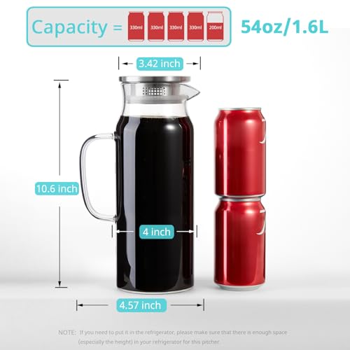 Image of Bivvclaz 1.6 Liter 54 oz Glass Pitcher with Lid and Handle, Glass Carafe Water Pitcher for Hot /Cold Water, Iced Tea, Drinks, Coffee, Juice and Homemade Beverage