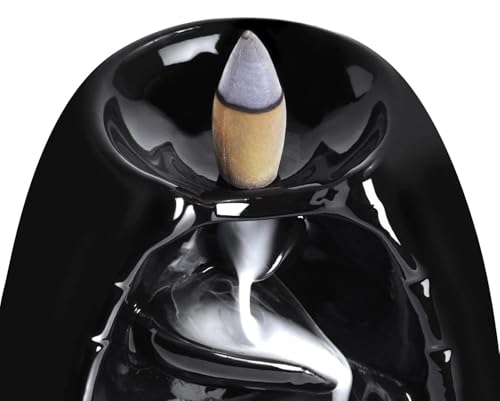 Image of Betala Fragrance Black Ceramic Fountain Smoke Waterfall Backflow Burner + 2 Pack Dhoop Cone, Chandan, Rose (50 Pcs) (Burner + 2 Incense Cone)