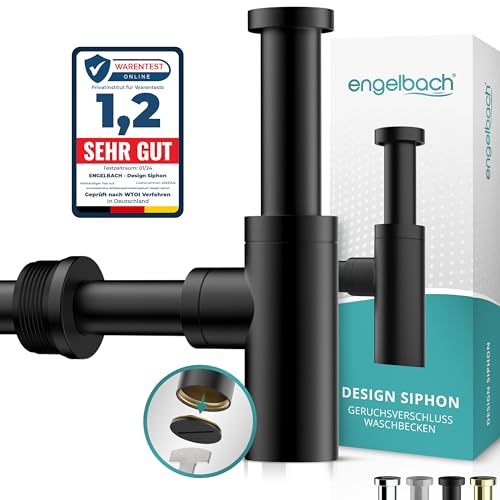 Engelbach Design Siphon Waschbecken Schwarz - Mit Reinigungsöffnung - Universal Abflussrohr 1 1/4 - Geruchsverschluss Syphon inkl. Gummimanschette und Anleitung