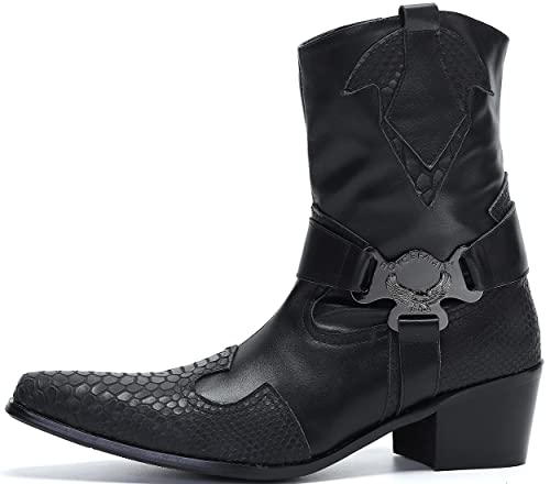 Santimon Men's Genuine Leather Western Cowboy Boots – Dress Casual Mid Top Boots with Belt Buckle Strap & Eagle Metal Emblem for Rodeo, Concert, Party Disco2