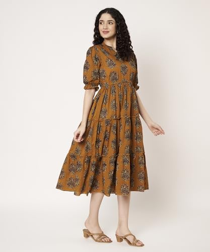 Image of PIDAVLIYA'S Women's Cotton Floral Printed Midi Dress | V-Neck Fit & Flare Dress with Puff Sleeves | Casual Summer Wear
