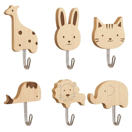 6 Garderobenhaken Kinder, Tierförmige Garderobenhaken aus Holz,...