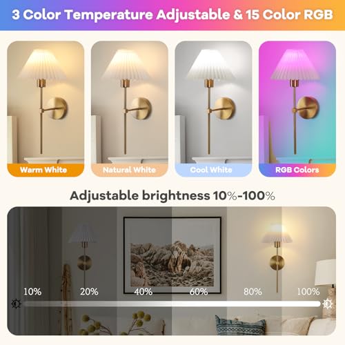 Image of Gold Wireless Wall Sconce Sets of 2, Pleated Shades Rechargeable Battery Operated Wall Sconce, Retro Industrial Wall Lights Bathroom Vanity Sconces, Wall Mounted Lamps for Bedroom Living Room Hallway