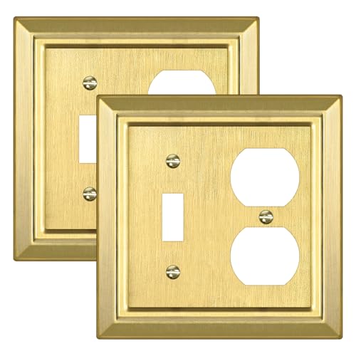Metal Wall Plate for Electrical Outlets, Decorative Brass Gold Switch Plates Outlet Cover, Light Switch Cover Plate, 2-Gang Wall Plates (Toggle/Duplex, 2 Pack) by Dyekou - Used condition - US$13.83