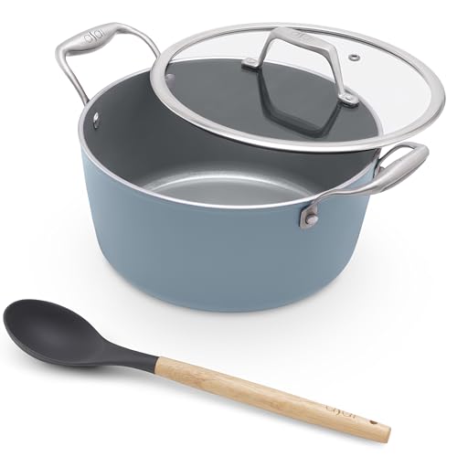 Image of Asai Ceramic Dutch Oven 24cm (4L) with Glass Lid & Silicone Spatula | Blue | Procera Swiss Ceramic Non-Stick Coating | Induction, Gas & Electric Compatible | Stay-Cool Handles | Lab Tested