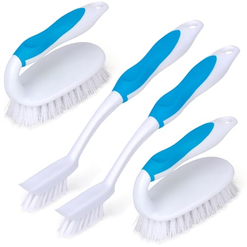 HileSwan Scrub Brush Set, 4 Pack Deep Cleaning Brush Kit - 2 Scrub Brush, 2 Tile & Grout Brush with Built-in Scraper, Household Commercial Scrubber for Floor, Shower, Pool Wall, Tub (Blue)