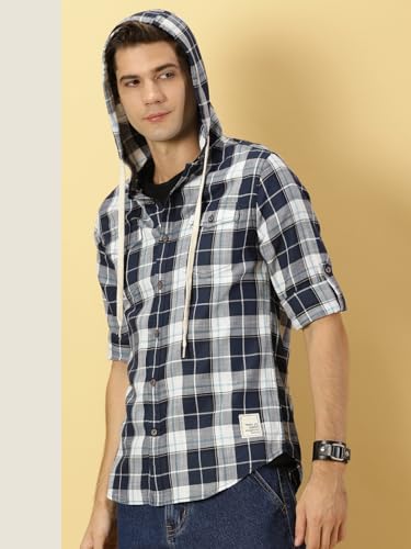 Image of Thomas Scott Men's | Checks | Full Sleeve | Regular Fit | 100% Cotton | Hooded | Casual Shirt