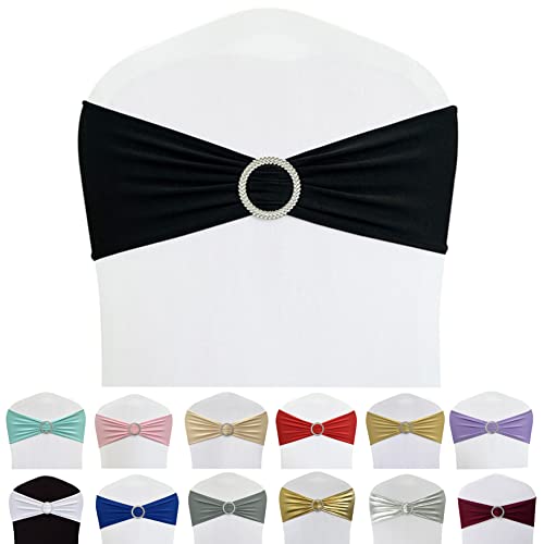Image of Spandex Chair Sashes Bands, Black, 50PCS | Stretch Chair Ties Bows, With Buckle Slider, For Wedding Party Banquet Decoration