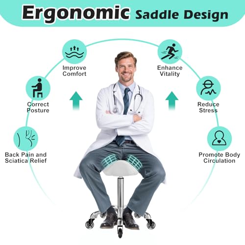 Image of Ergonomic Saddle Stool with wheels - Upgraded Thicker Leather Seat Cushion, Healthy Posture Correction, Silky Smooth Gliding, Adjustable Rolling Saddle Stool Chair for Salon Medical Massage, White