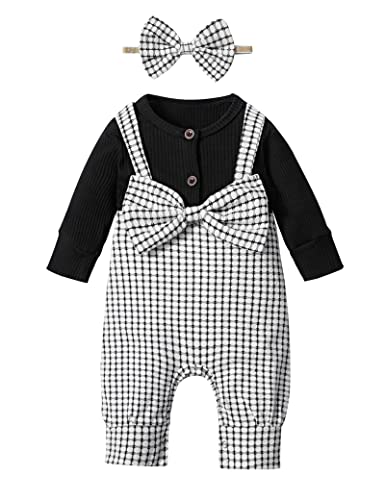 Image of CRISONE Newborn Baby Girl Clothes Romper Long Sleeve Button Ribbed Jumpsuit + Headband Cute Infant Girl Outfit